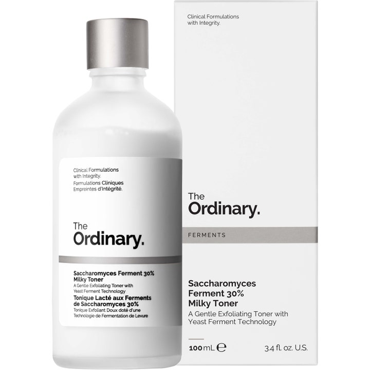 The Ordinary Saccharomyces Ferment 30% Milky Toner 100 ml kuoriva kasvovesi huurteisessa pullossa ja valkoinen pakkaus