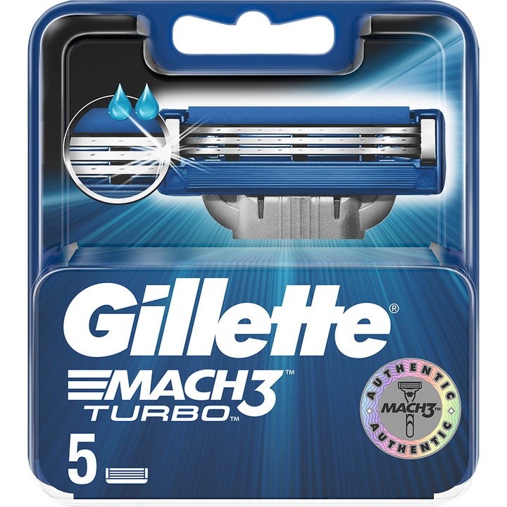 Gillette Mach3 Turbo 5 kpl partaterät sileään parranajoon sinisessä pakkauksessa kolmiteräisillä vaihtopäillä