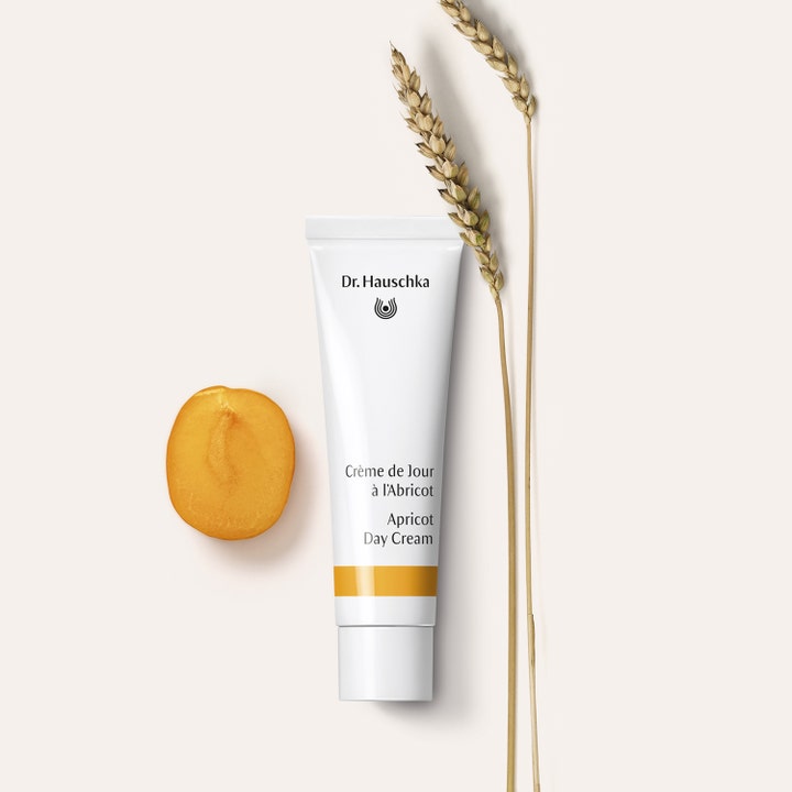 Dr. Hauschka Apricot Day Cream 30 ml heleyttävä kasvovoide valkoisessa tuubissa aprikoosin ja viljan kera