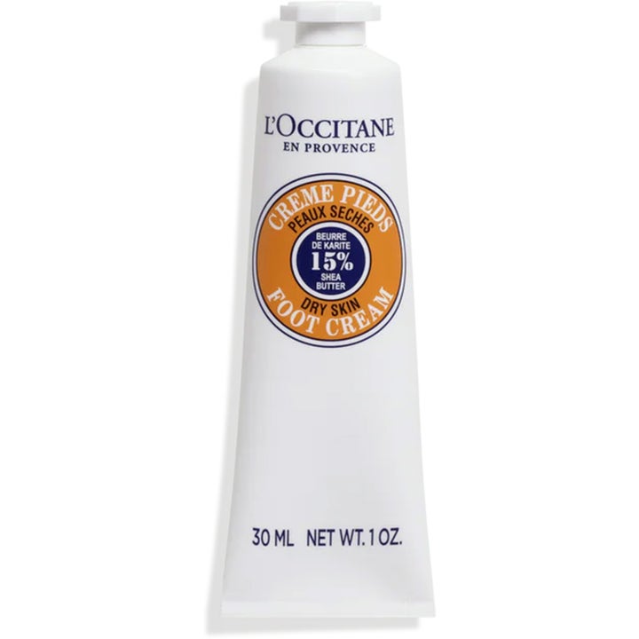 L'Occitane Shea Butter Foot Cream 30 ml kosteuttava jalkavoide valkoisessa tuubissa oranssilla ja sinisellä logolla