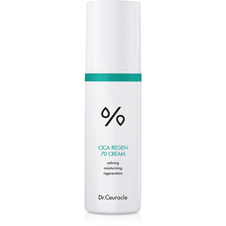 Dr. Ceuracle Cica Regen 70 Cream rauhoittava kasvovoide valkoisessa pumppupullossa, jossa on vihreä raita.