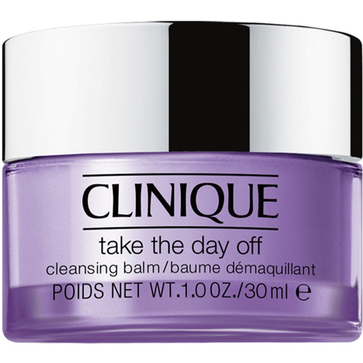 Clinique Take The Day Off Cleansing Balm 30 ml puhdistusvoide poistaa meikin lila purkki ja kiiltävä hopeakansi