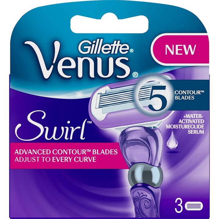 Gillette Venus Swirl 3 kpl vaihtoteriä sileään ajoon violetissa pakkauksessa, jossa on viisi terää.