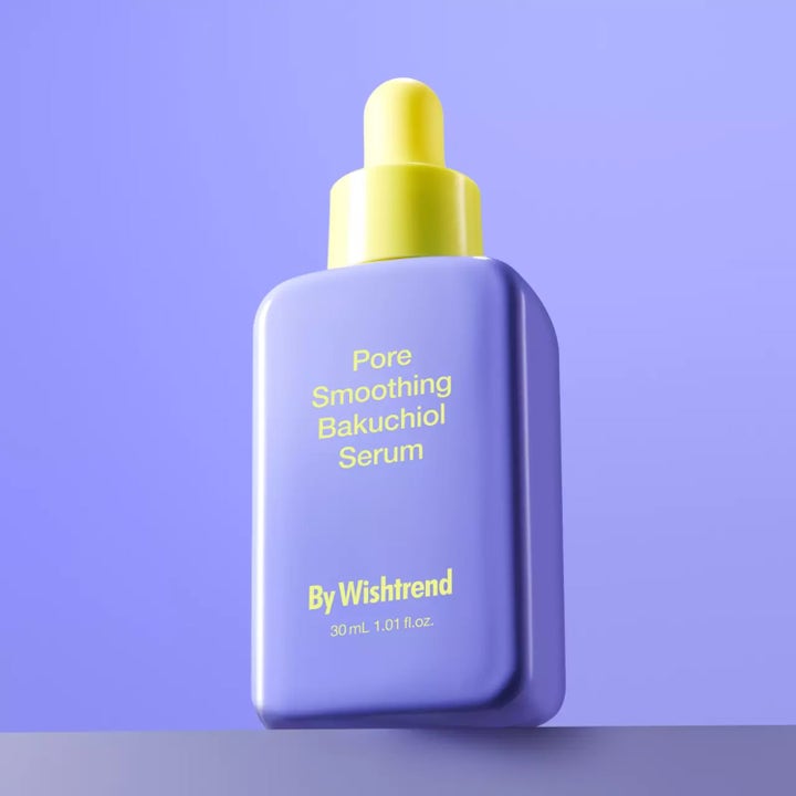 By Wishtrend Pore Smoothing Bakuchiol Serum 30 ml ihoa tasoittava seerumi liilassa pullossa keltaisella pipetillä