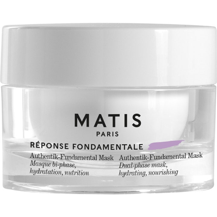 Matis Réponse Fondamentale Authentik-Fundamental Mask 50 ml ravitseva kasvonaamio kirkkaassa lasipurkissa.