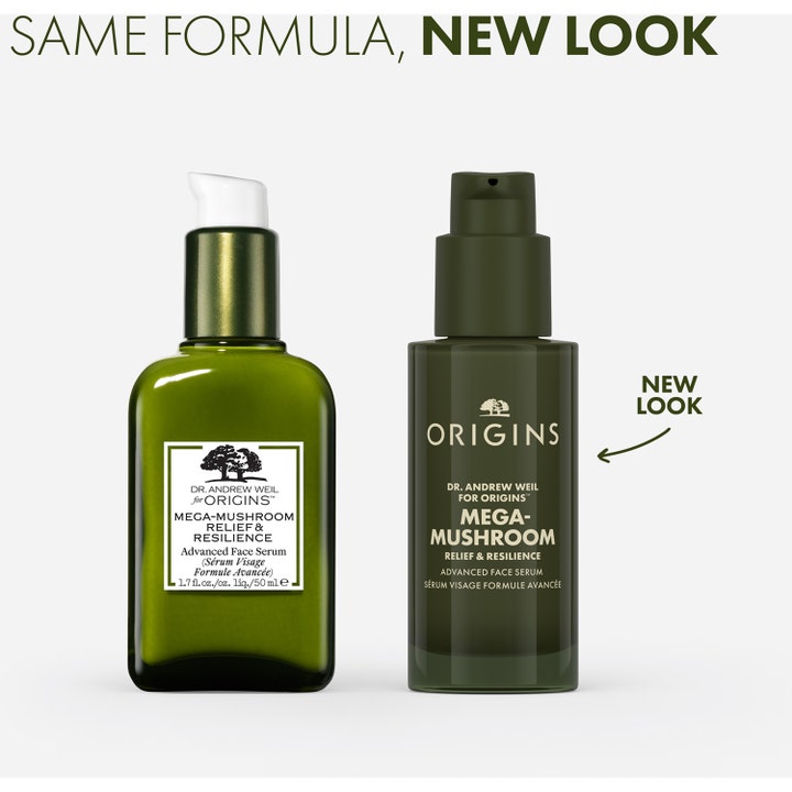 Origins Dr. Weil Mega-Mushroom 50 ml rauhoittava seerumi kahdessa eri vihreässä pullossa esittelee uuden ulkoasun.