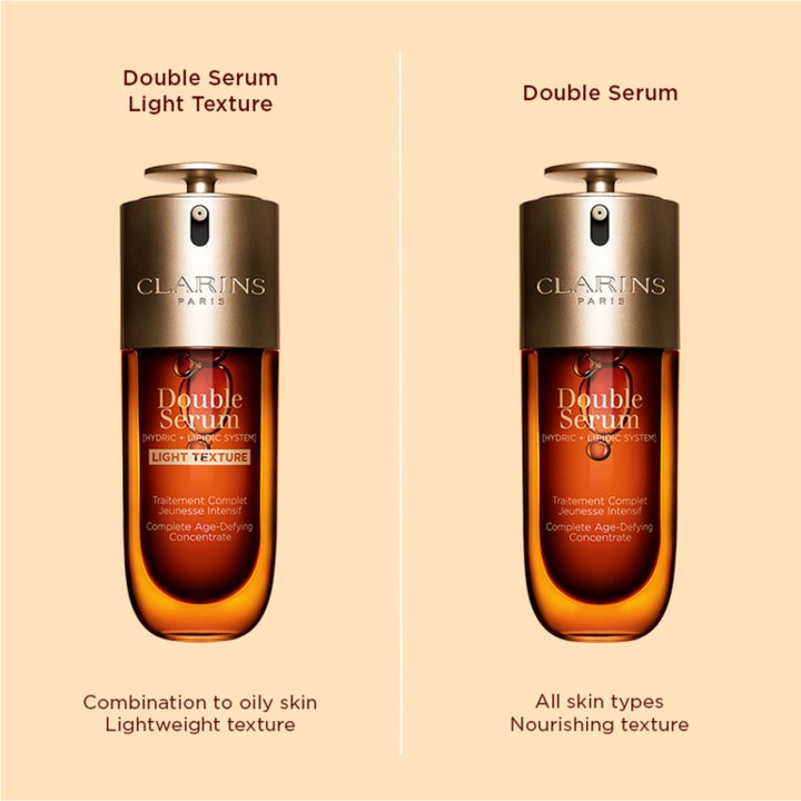 Clarins Double Serum Light Texture 50 ml vertailukuvassa alkuperäisen seerumin kanssa.