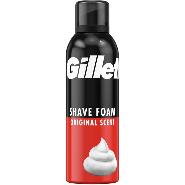 Gillette Shave Foam Original Scent 200 ml parranajovaahto helpottaa ajoa mustassa ja punaisessa metallipullossa
