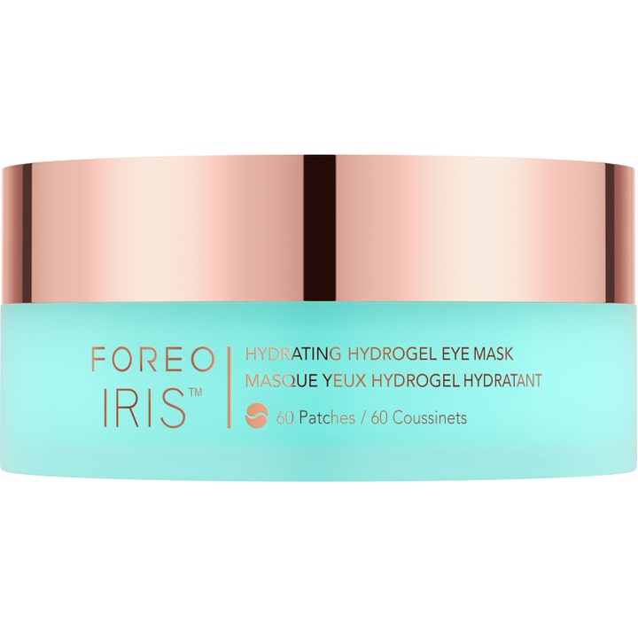 Foreo Iris Hydrating Hydrogel Eye Mask 60 kpl kosteuttava silmänympärysnaamio turkoosissa purkissa ruusukultaisella kannella
