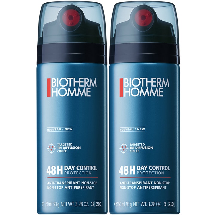 Biotherm Homme Day Control 150 ml antiperspirantti antaa 48 tunnin suojan kahdessa sinisessä metallipullossa