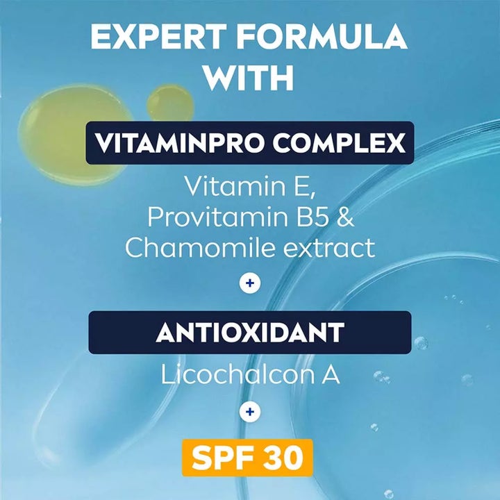 NIVEA Sensitive Daily Protect Moisturiser 50 ml päivävoide infografiikka Vitaminpro Complexista ja SPF 30 suojasta.