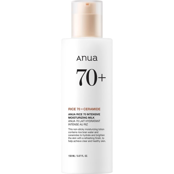 Anua Rice 70 Intensive Moisturizing Milk 150 ml kosteuttava emulsiovoide valkoisessa pullossa kirkkaalla korkilla.