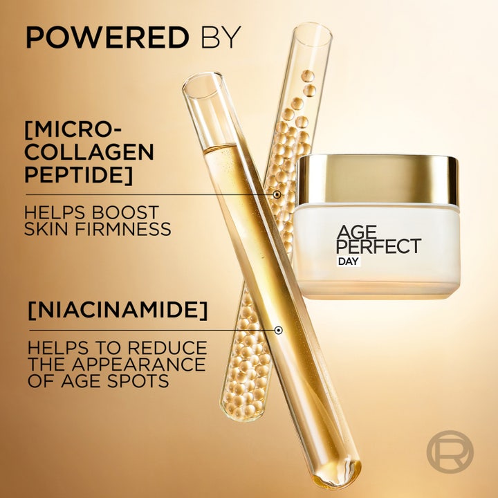 L'Oréal Paris Age Perfect 50 ml päivävoide osana ihonhoitorutiinia tyylikkäissä kultakantisissa purkeissa.