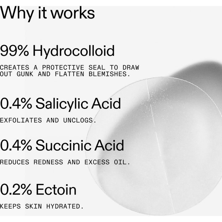 The INKEY List Hydrocolloid Invisible Pimple Patches 22 kpl näppylälaastari infografiikka ainesosilla kuten salisyylihappo.