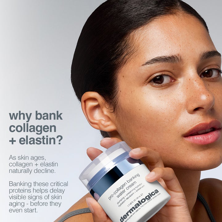 Dermalogica Pro-Collagen Banking Water Cream 50 ml täyteläistävä kasvovoide nainen pitelee purkkia kollageenitekstin vieressä.