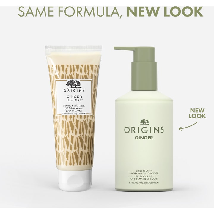 Origins Ginger Burst Savory Hand & Body Wash 200 ml virkistävä pesugeeli uudessa pumppupullossa ja vanhassa tuubissa.