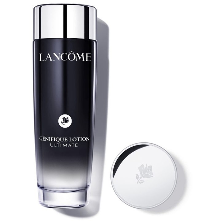 Lancôme Génifique Lotion Ultimate 200 ml kosteuttava kasvovesi mustassa liukuvärjätyssä pullossa hopeisella korkilla.