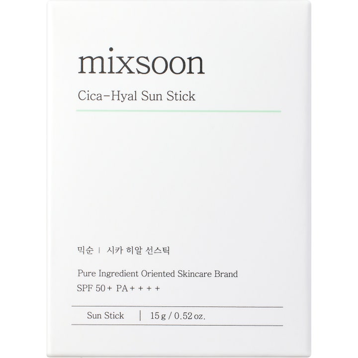 Mixsoon Cica-Hyal Sun Stick 15 g rauhoittava aurinkosuojapuikko valkoisessa pahvipakkauksessa SPF 50+ merkinnällä
