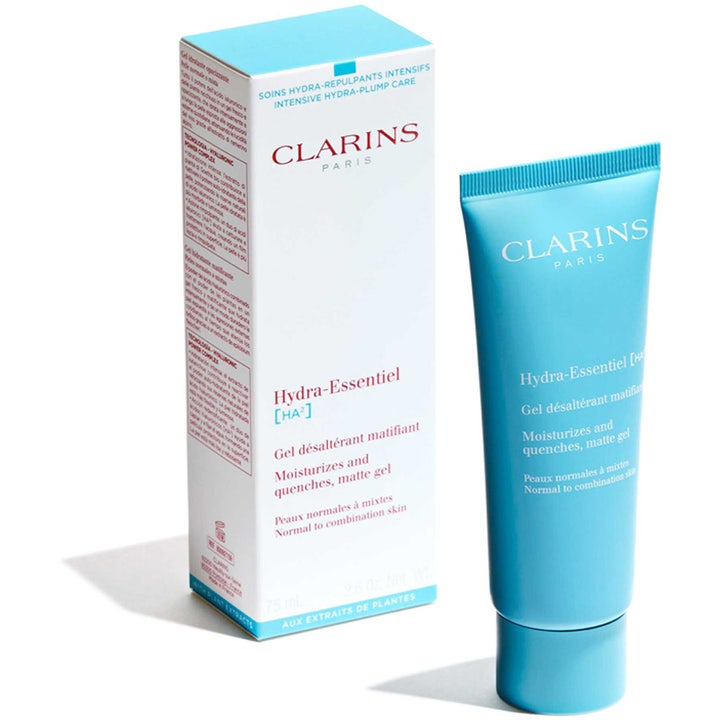 Clarins Hydra-Essentiel 75 ml kosteuttava mattageeli kasvoille vaaleansinisessä tuubissa ja valkoisessa rasiassa