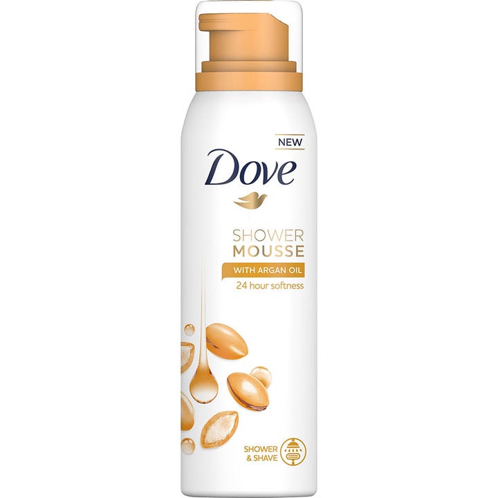 Dove Shower Mousse with Argan Oil 200 ml pehmentävä suihkuvaahto valkoisessa pullossa jossa on kultaisia arganpähkinöitä