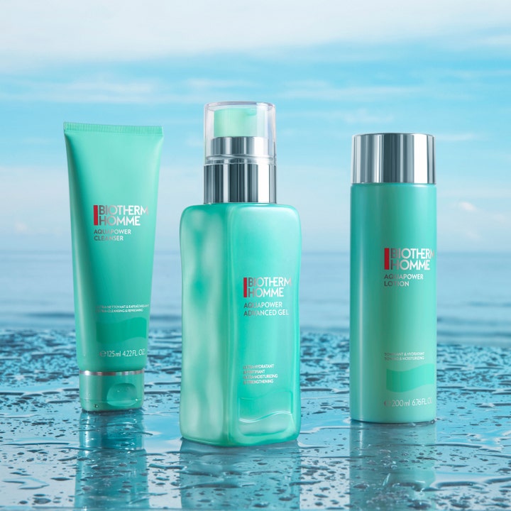 Biotherm Homme Aquapower Cleanser 125 ml virkistävä puhdistusgeeli ja kosteuttava tuotesarja turkooseissa pakkauksissa.