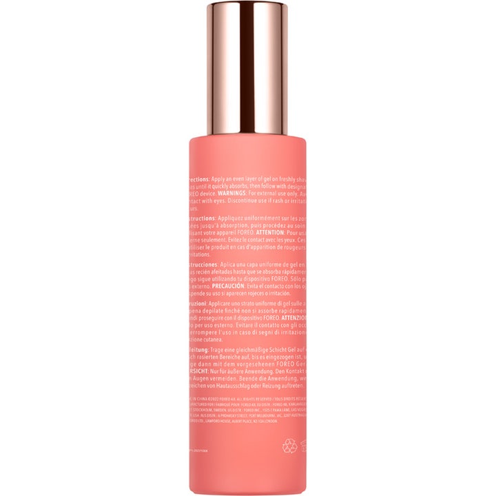 FOREO PEACH Cooling Prep Gel 100 ml rauhoittava geeli vaaleanpunaisen pullon kääntöpuoli ja kiiltävä ruusukultainen korkki