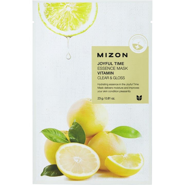 Mizon Joyful Time Essence Mask Vitamin 23 g kirkastava kangasnaamio valkoisessa pakkauksessa sitruunoiden kera.