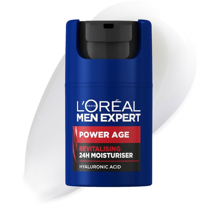L'Oréal Paris Men Expert Power Age 50 ml elvyttävä kasvovoide sinisessä pumppupullossa ja valkoinen voidekoostumus