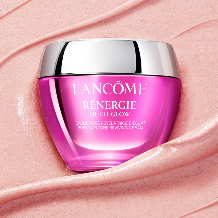 Lancôme Rénergie Multi-Glow 50 ml heleyttävä päivävoide pinkissä lasipurkissa hopeisella korkilla voidepinnalla