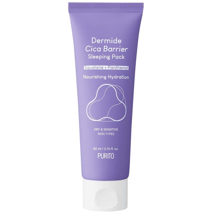 Purito Dermide Cica Barrier Sleeping Pack 80 ml ravitseva yönaamio purppuranvärisessä tuubissa valkoisella korkilla.