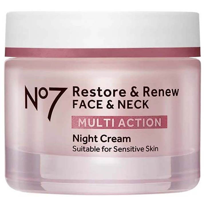 No7 Restore & Renew Face & Neck Multi Action Night Cream 50 ml uudistava yövoide vaaleanpunaisessa lasipurkissa