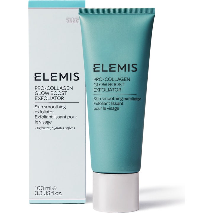 Elemis Pro-Collagen Glow Boost Exfoliator 100 ml kirkastava kuorinta-aine turkoosissa tuubissa ja pakkauksessa.