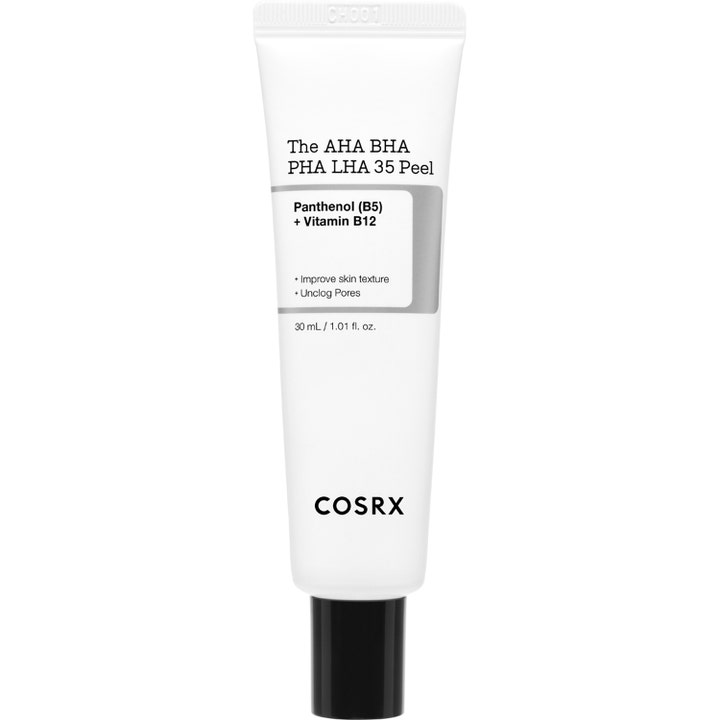 COSRX The AHA BHA PHA LHA 35 Peel 30 ml kuorinta silottaa ihoa valkoisessa tuubissa jossa on musta korkki.