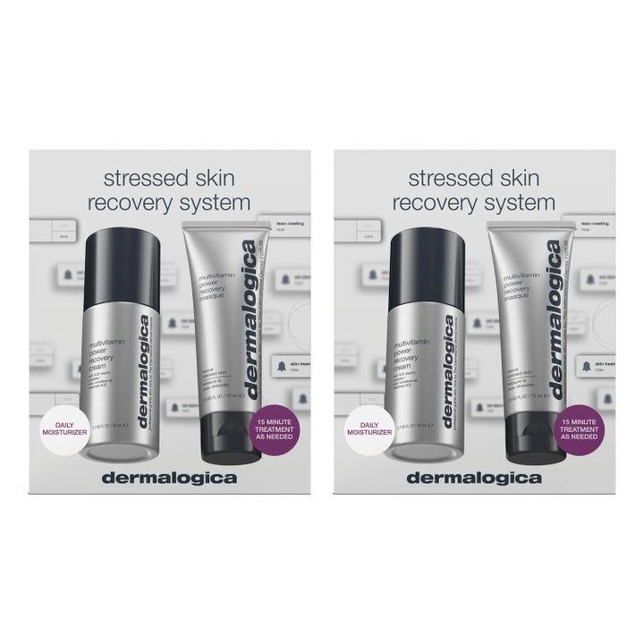 Dermalogica Stressed Skin Recovery System elvyttävä setti sisältää hopeisen kasvovoiteen ja naamion vaaleassa pakkauksessa.