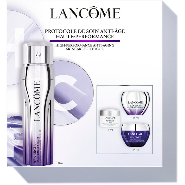 Lancôme Rénergie H.C.F. Triple Serum 50 ml ihonhoitoprotokolla kiinteyttää ihoa tyylikkäissä hopeisissa pakkauksissa