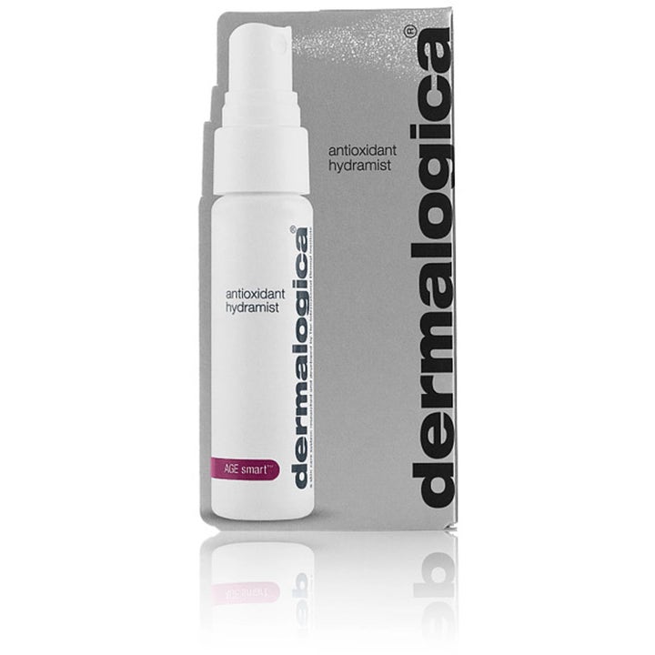 Dermalogica Antioxidant Hydramist Duo 2 x 30 ml kiinteyttävä kasvosuihke valkoinen suihkepullo harmaan pakkauksen edessä
