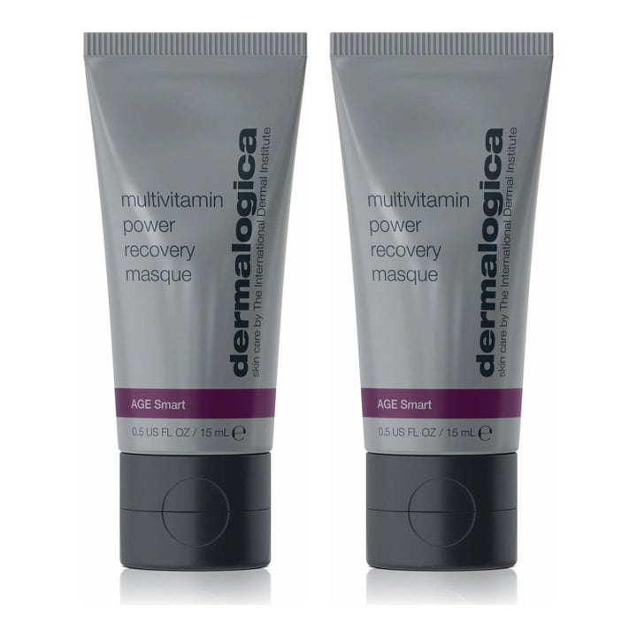 Dermalogica Multivitamin Power Recovery Masque 15 ml uudistava kasvonaamio kaksi harmaata tuubia purppuralla raidalla.