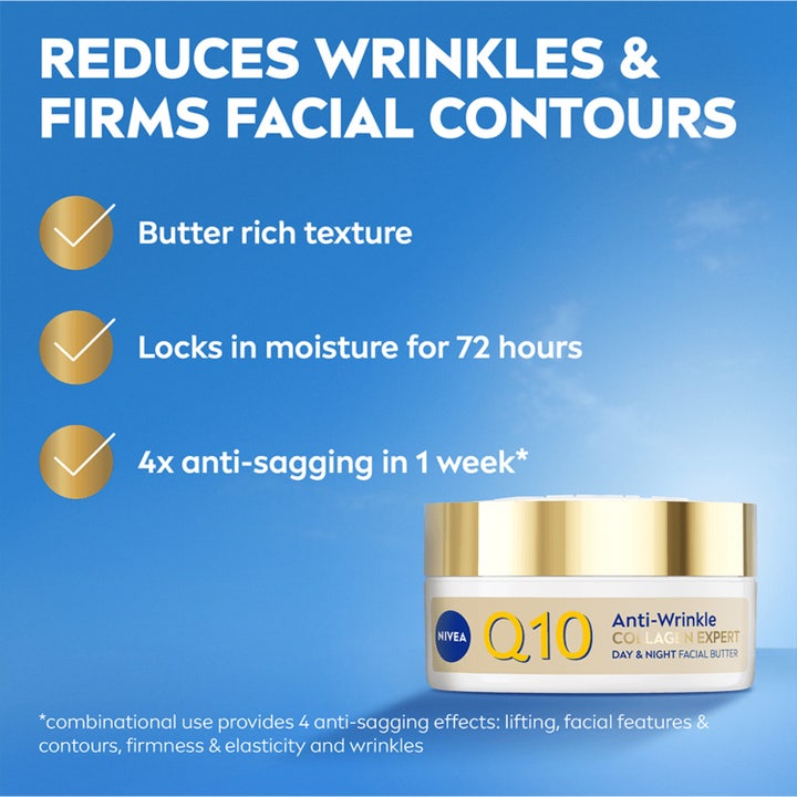 NIVEA Q10 Collagen Expert Day & Night Facial Butter 50 ml kiinteyttävä kasvovoide kultakantisessa purkissa.