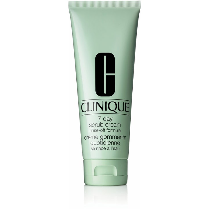 Clinique 7 Day Scrub Cream 100 ml puhdistava kuorintavoide mintunvihreässä tuubissa kirkastaa ihoa.