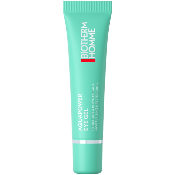 Biotherm Homme Aquapower Eye Gel elvyttävä silmänympärysgeeli turkoosissa tuubissa jossa on hopeinen koristelista