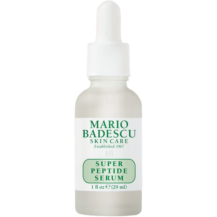 Mario Badescu Super Peptide Serum 29 ml silottava seerumi huurteisessa lasipullossa, jossa on valkoinen pipetti.