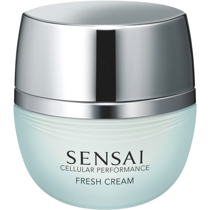 Sensai Cellular Performance Fresh Cream 40 ml raikastava kasvovoide vaaleansinisessä lasipurkissa hopeisella korkilla