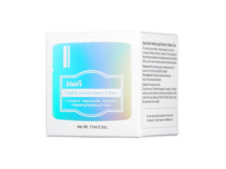 Klairs Freshly Juiced Vitamin E Mask 15 ml kirkastava kasvonaamio valkoisessa pahvipakkauksessa.