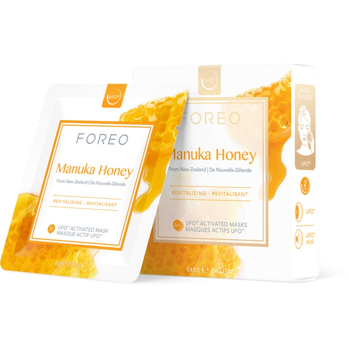 Foreo Manuka Honey 6x6g elvyttävä kasvonaamio valkoisessa pakkauksessa, jossa on hunajakennojen kuvia.