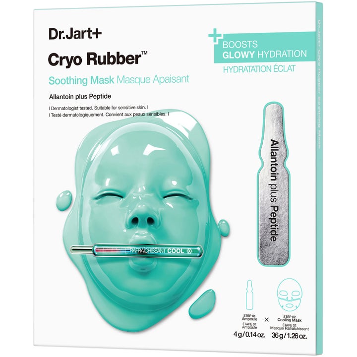 Dr. Jart+ Cryo Rubber Soothing Mask 4g ja 36g rauhoittava kasvonaamio valkoisessa pakkauksessa turkoosilla kumikasvolla