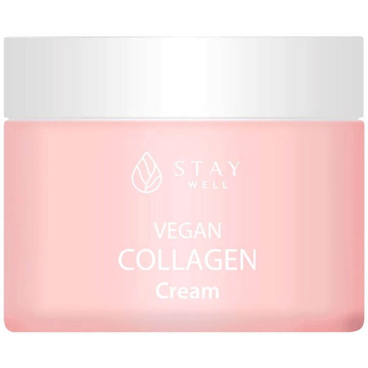 Stay Well Vegan Collagen Cream silottava kasvovoide vaaleanpunaisessa purkissa, jossa on valkoinen kansi.