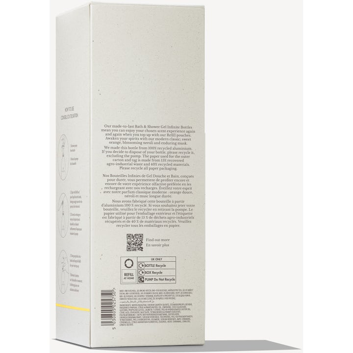 Molton Brown Orange & Bergamot Infinite Bath & Shower Gel 400 ml suihkugeeli pakkauksen takapuoli ja ainesosat.