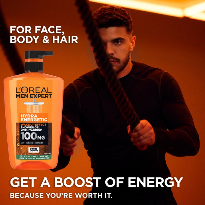 L'Oréal Paris Men Expert Hydra Energetic 1000 ml XXXL suihkugeeli antaa energiaa, kuvassa mies treenaa köysillä.