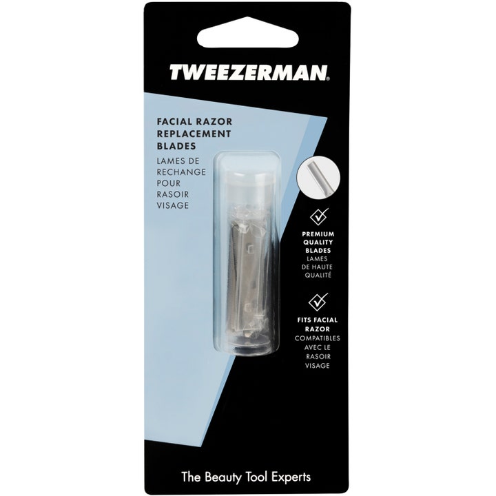 Tweezerman Facial Razor Replacement Blades vaihtoterät kasvojen ihokarvojen poistoon mustassa pakkauksessa.