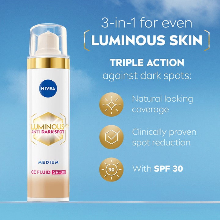 Nivea Luminous 630 CC Fluid 40 ml tasoittaa ihon sävyä ja häivyttää pigmenttiläiskiä SPF 30 suojalla.